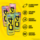 C4 Performance Energy Drink, Jolly Rancher & Candy Variety Pack, Strawberry Blast, Watermelon, Green Apple, & Cosmic Rainbow, 12 fl oz Cans, 12 Pack